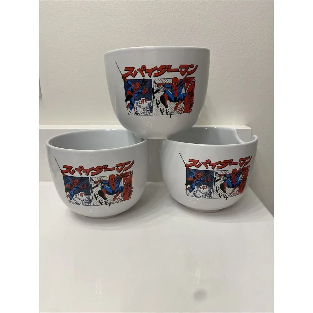Lot Of 3 Spider-Man Manga Panels Ramen Bowls Multi-Color Spiderman Marvel Set